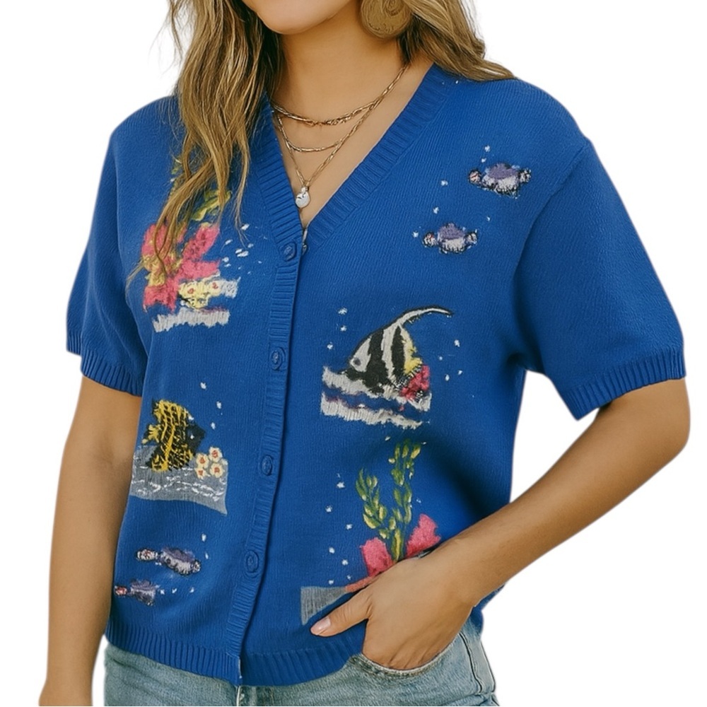 Vintage Tabi International Fish Embroidered Boho Cottagecore Cardigan Medium